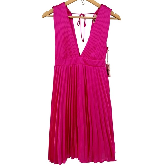 Jessica Simpson Pink Satin Pleated V Neck Tie Back Mini Dress Women's Size Small - Picture 2 of 10